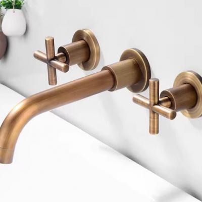 Bronze brass material double cross handle three hole wall mounted bathroom sink basin faucets